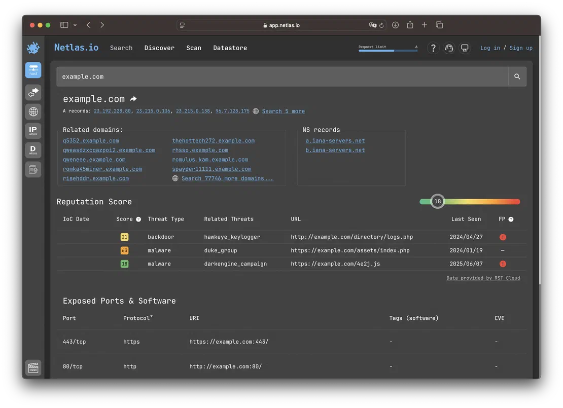 Netlas host view for domain example.com
