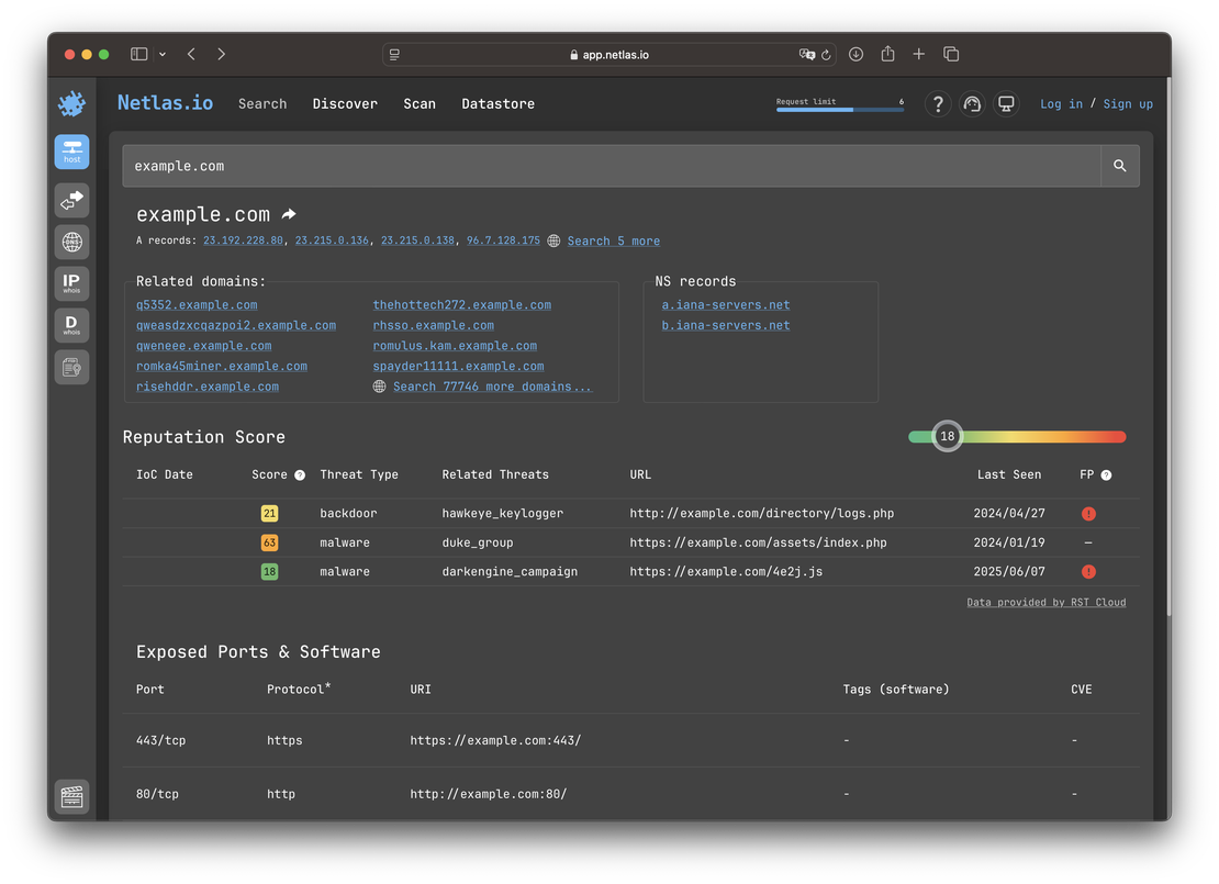 Netlas host view for domain example.com