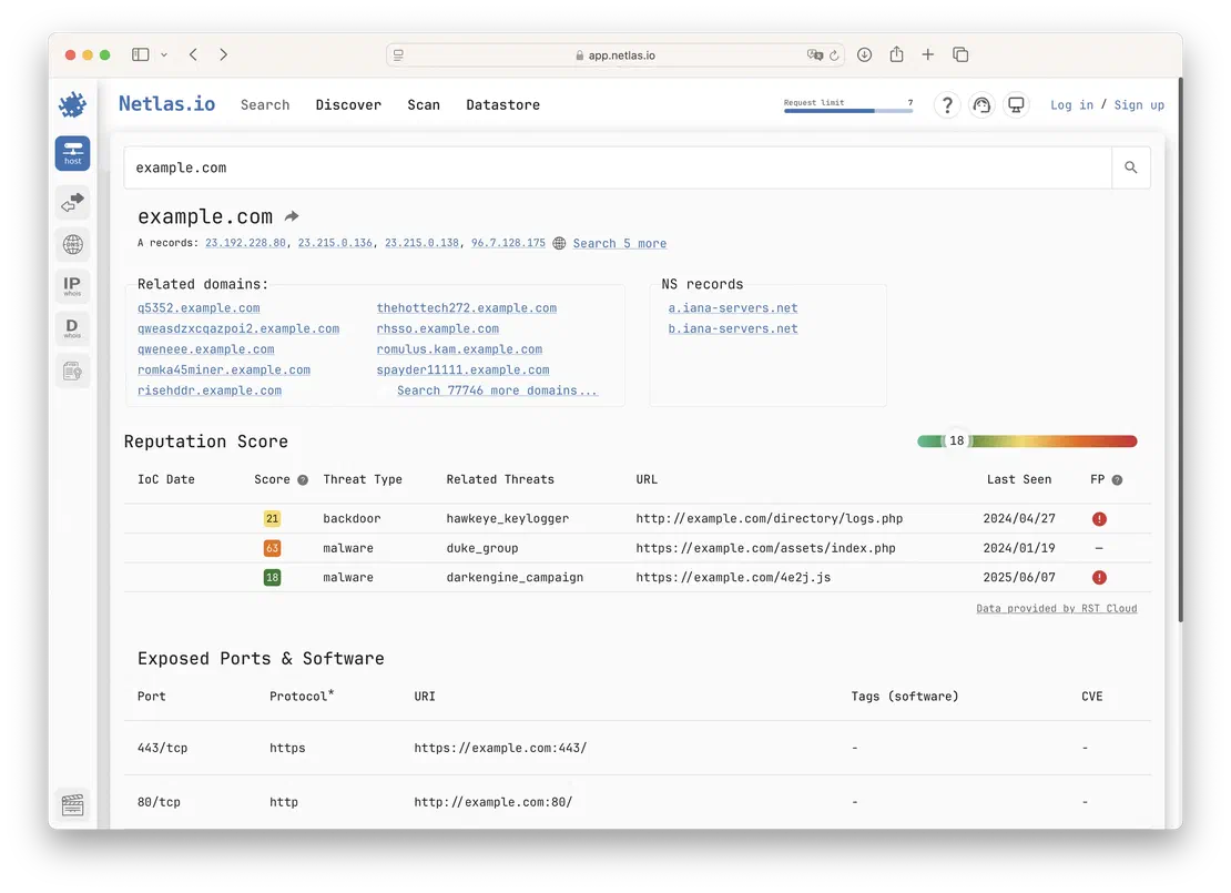 Netlas host view for domain example.com
