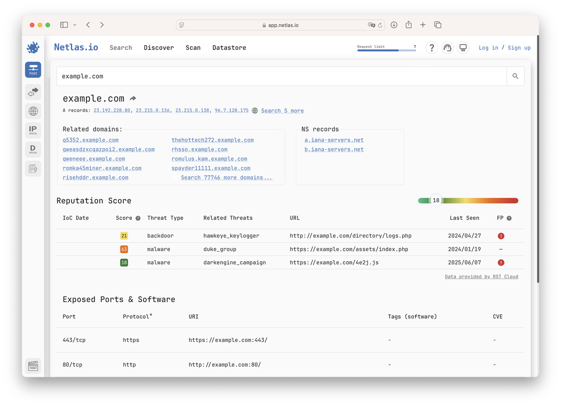 Netlas host view for domain example.com