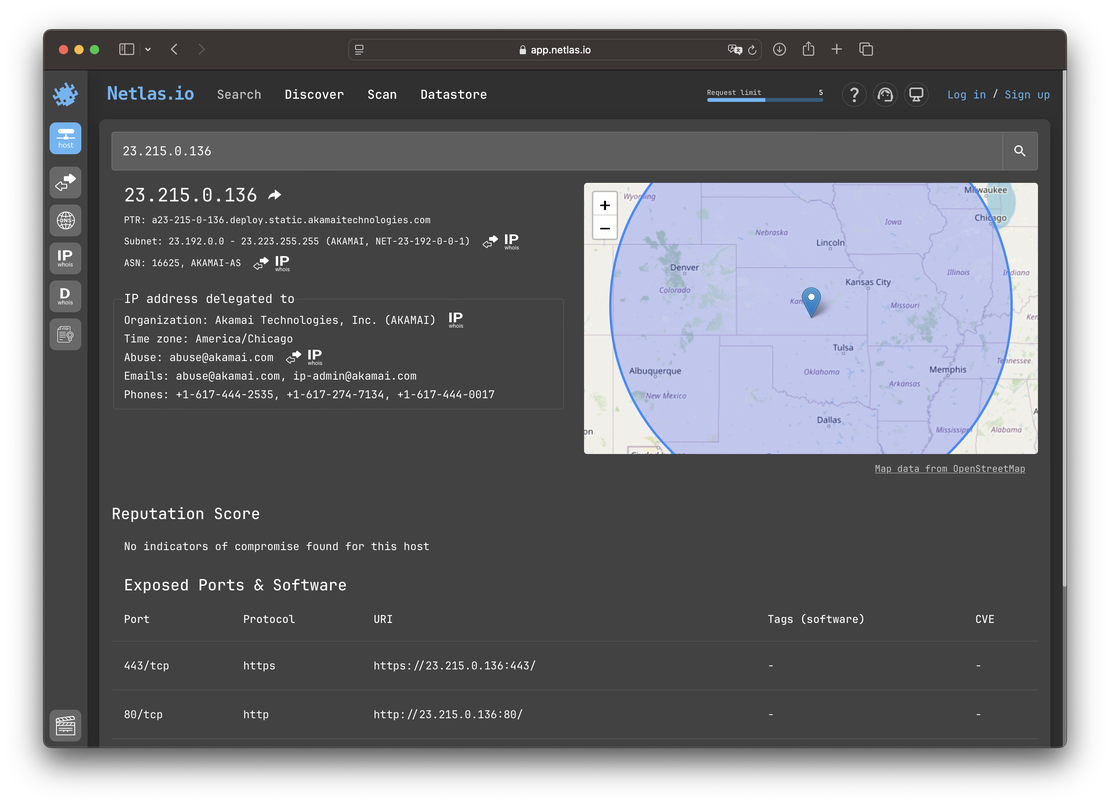 Netlas host view for A-record of domain example.com
