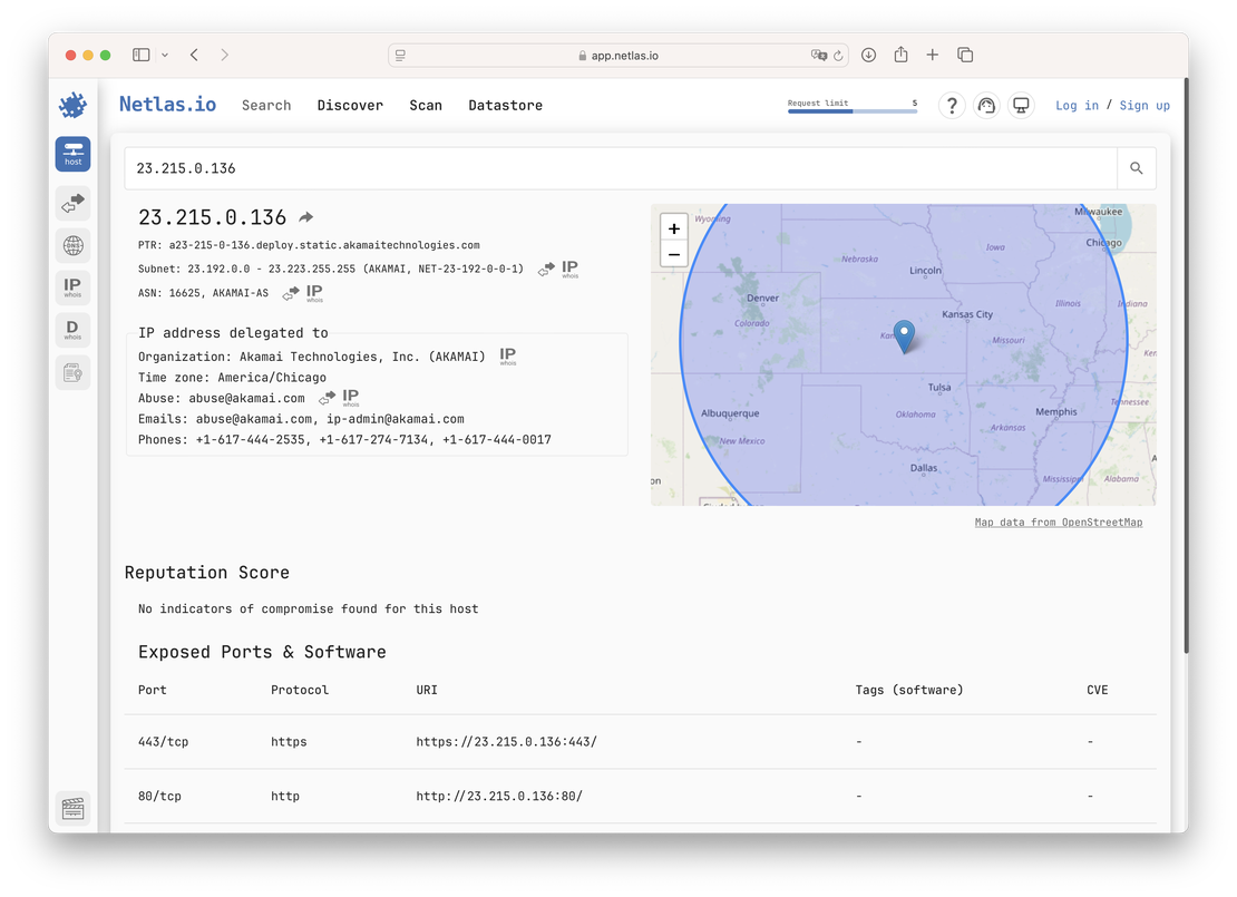 Netlas host view for A-record of domain example.com