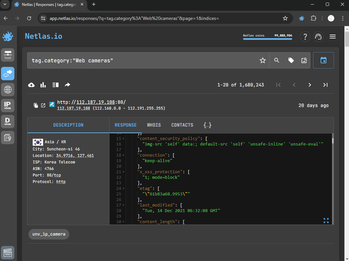 Results of all cameras tag in Netlas