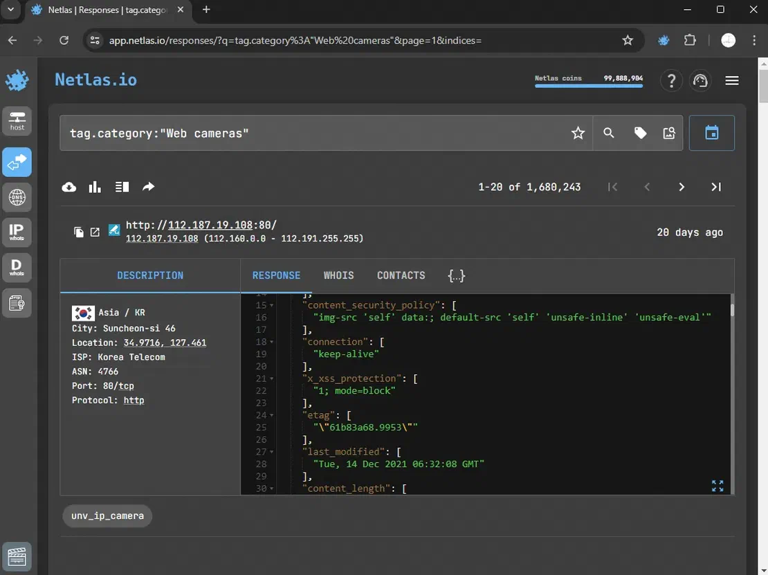 Results of all cameras tag in Netlas