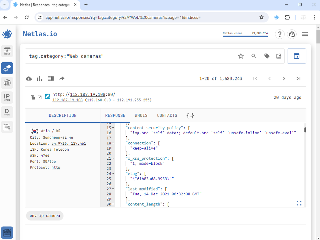 Results of all cameras tag in Netlas