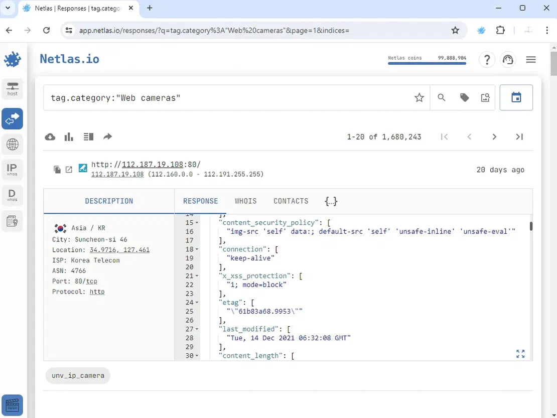 Results of all cameras tag in Netlas