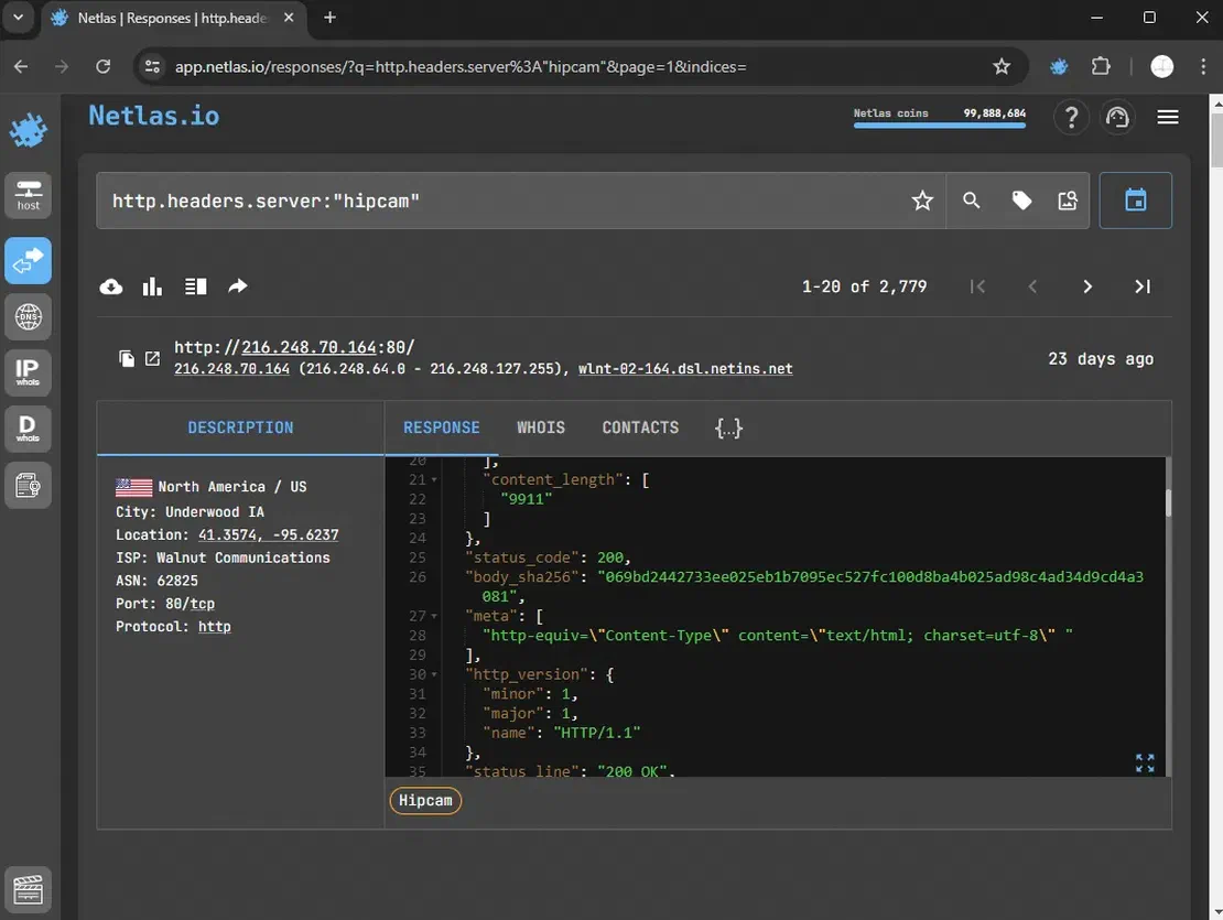 Hipcam search in Netlas
