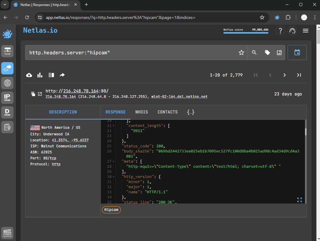 Hipcam search in Netlas