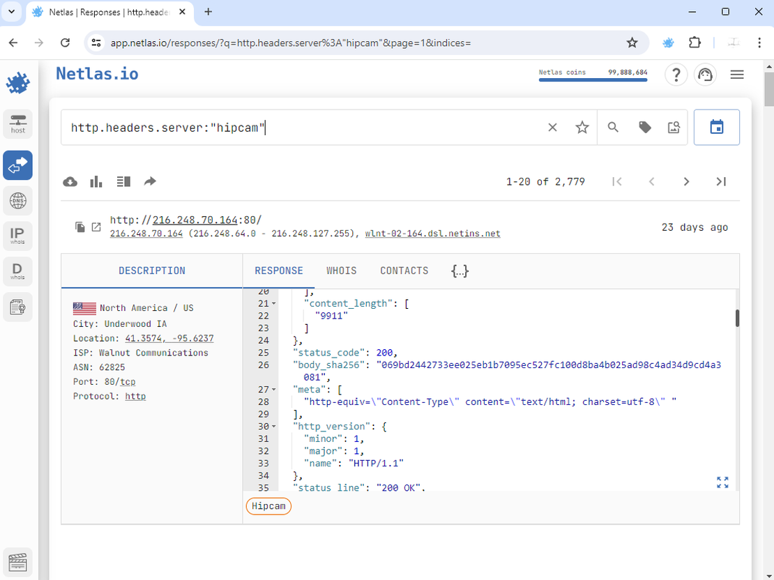 Hipcam search in Netlas
