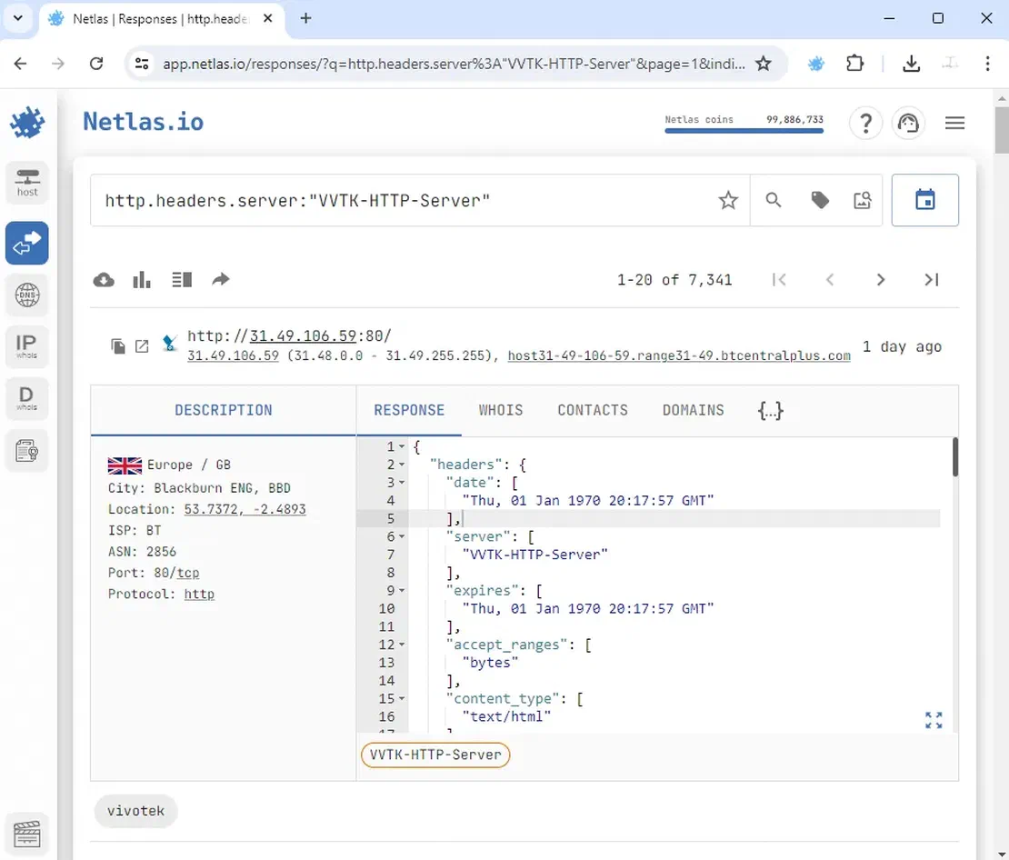 Vivotek cameras in Netlas