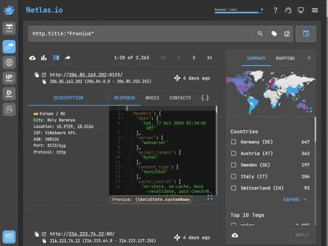 A single vendor query returns a counted, mapped population: thousands of exposed Fronius dataloggers with a readable response body