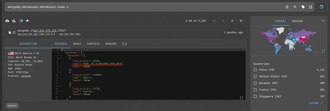 Compromised MongoDB database with attacker-created content