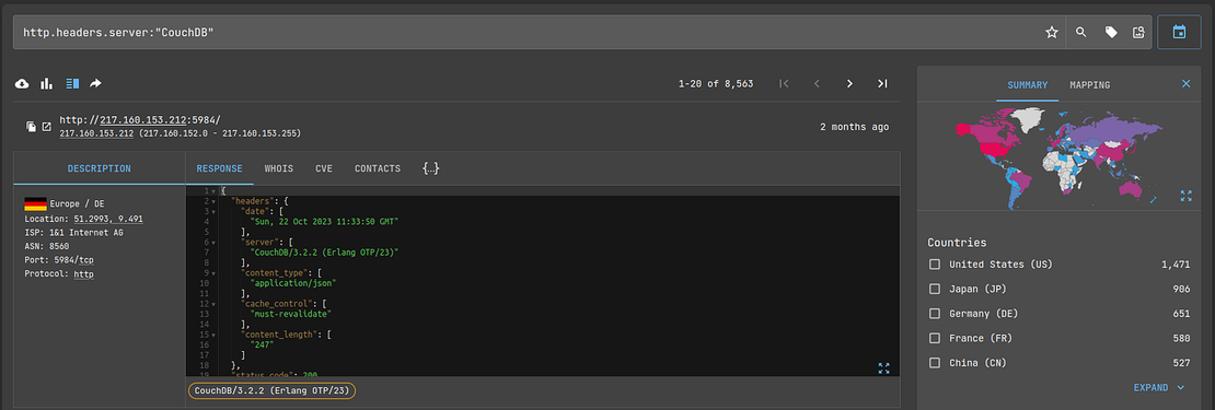 Netlas search results for CouchDB instances