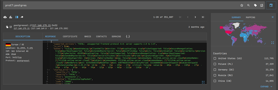 Netlas results for PostgreSQL services