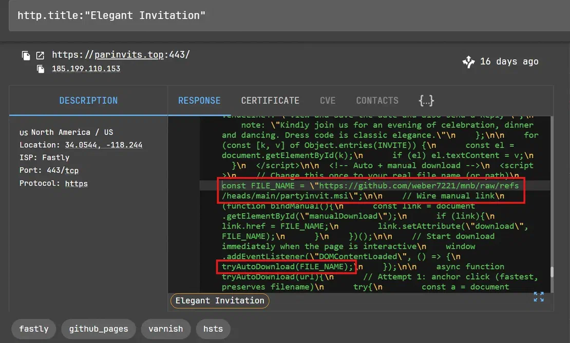 Netlas result page for parinvits showing another Elegant Invitation lure instance