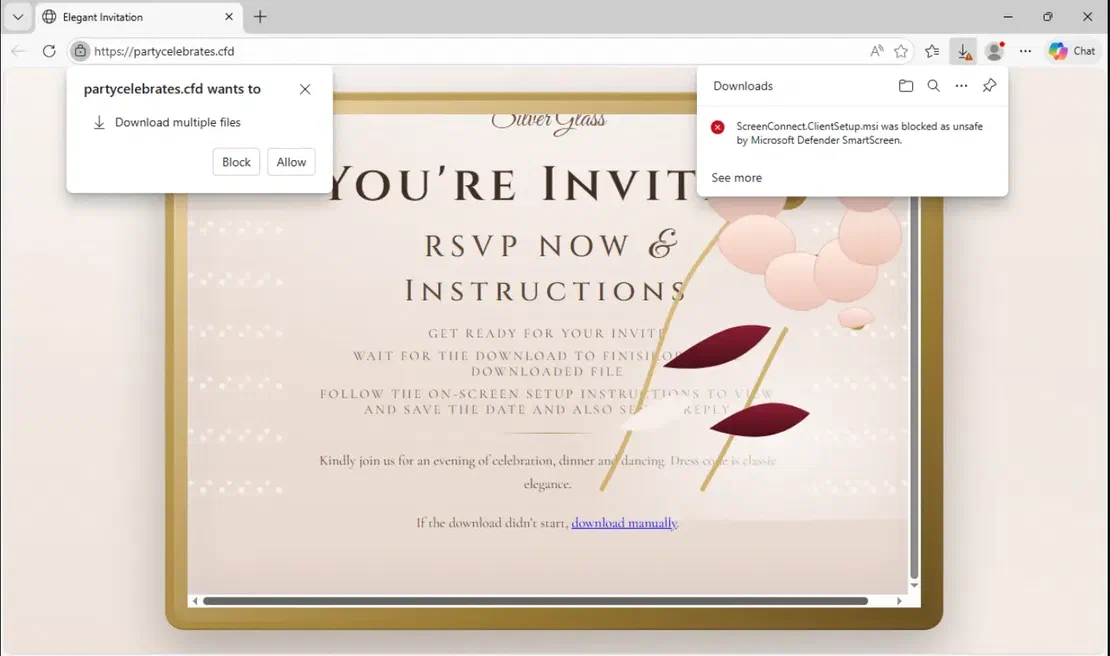 Browser warning page for partycelebrates showing SmartScreen blocking the ScreenConnect ClientSetup MSI download