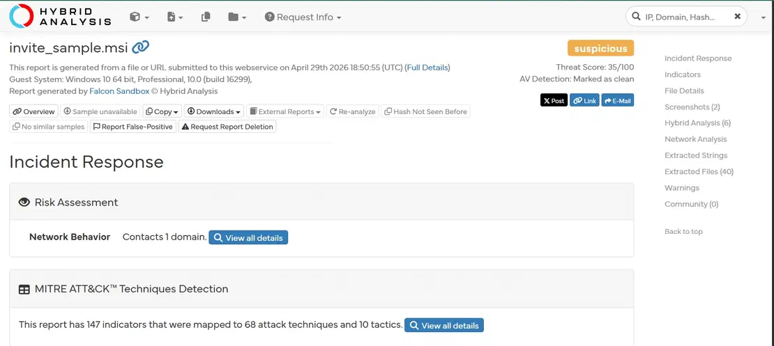 Sandbox analysis summary for Elegant invite party MSI showing threat score and antivirus verdict