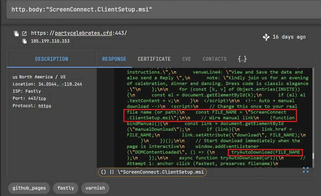 Netlas search results for pages containing the ScreenConnect ClientSetup MSI filename