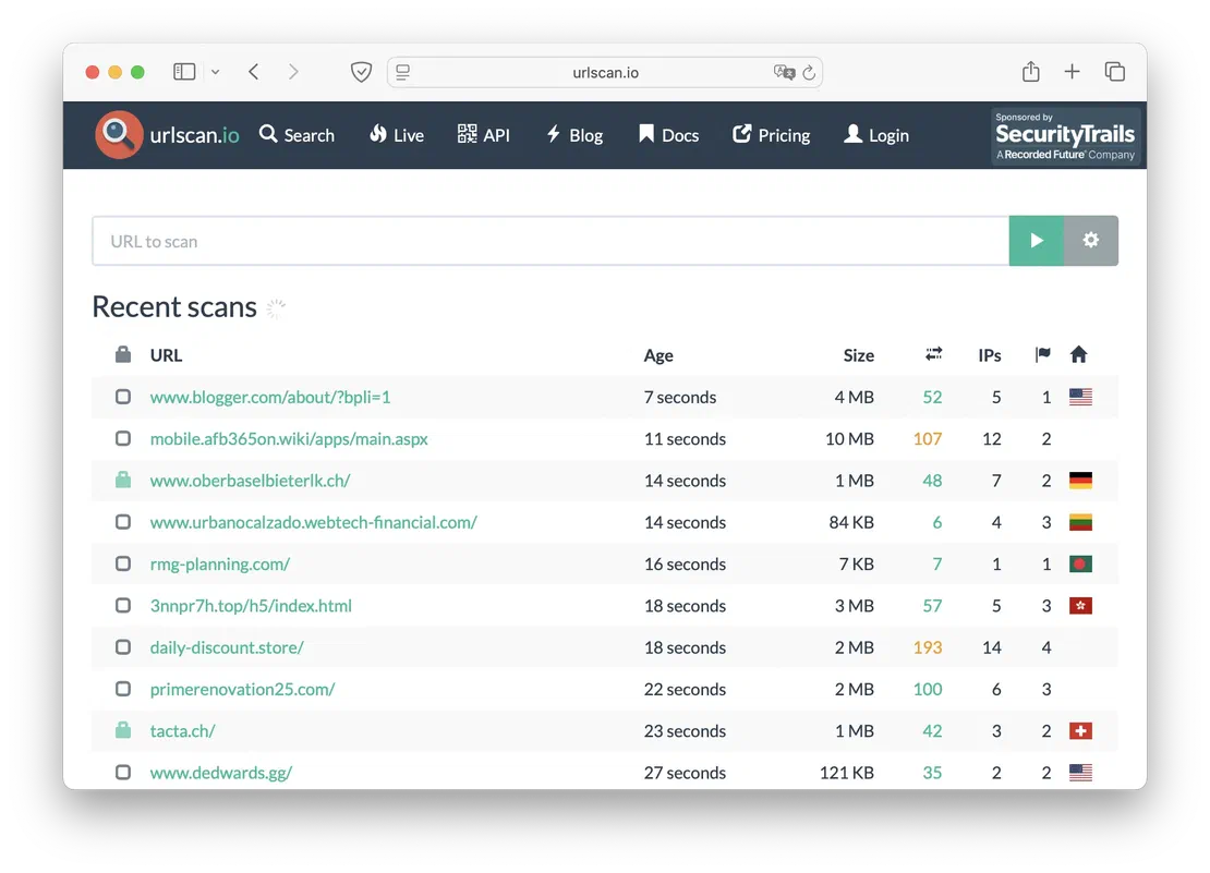 Urlscan Main Page