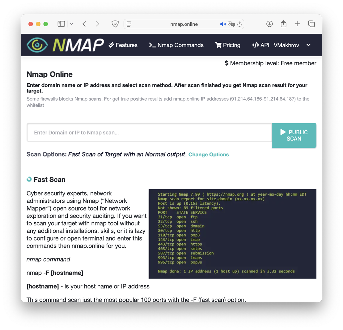 Nmap Online main page