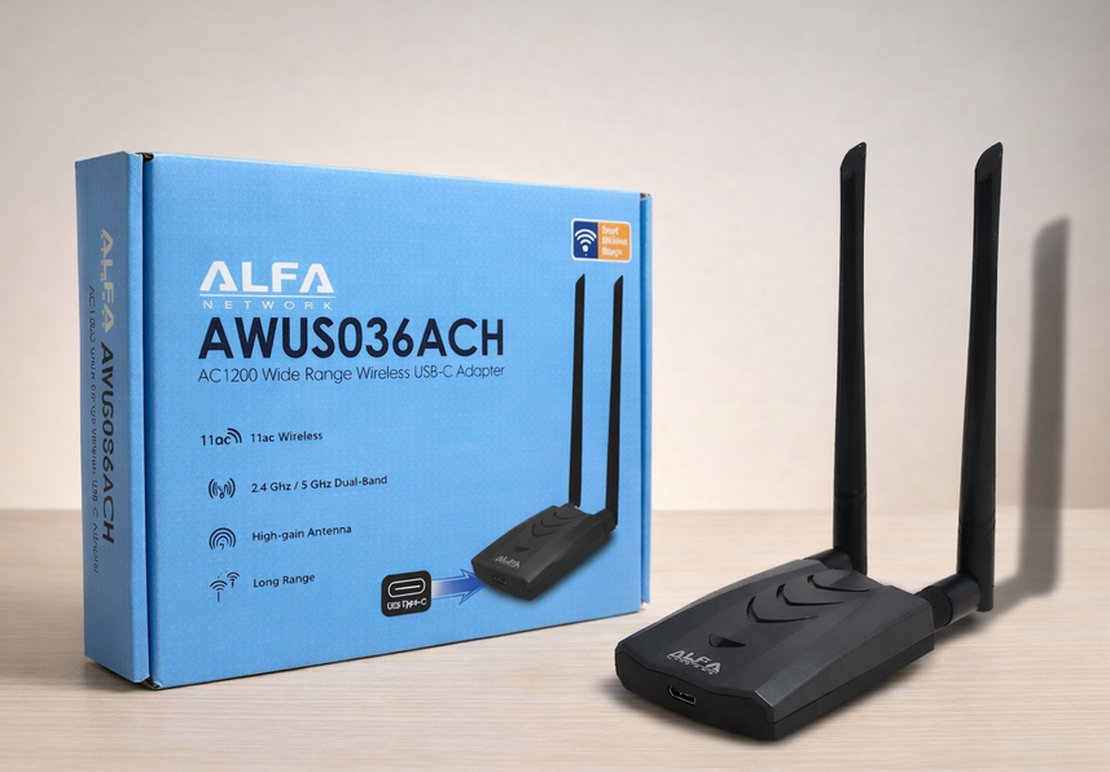 Alfa AWUS036ACH high-gain Wi-Fi adapter with external antennas for wireless auditing (photo)