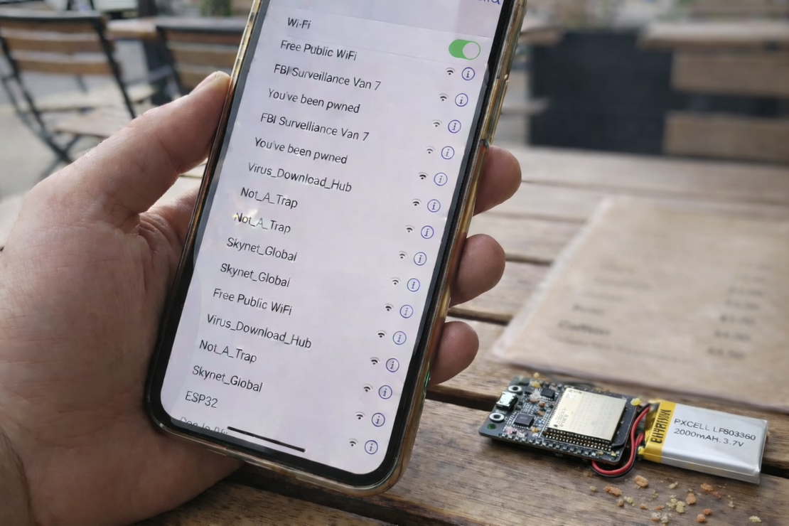 ESP32 beacon spam/honeypot demo broadcasting many fake Wi-Fi networks (demo image)