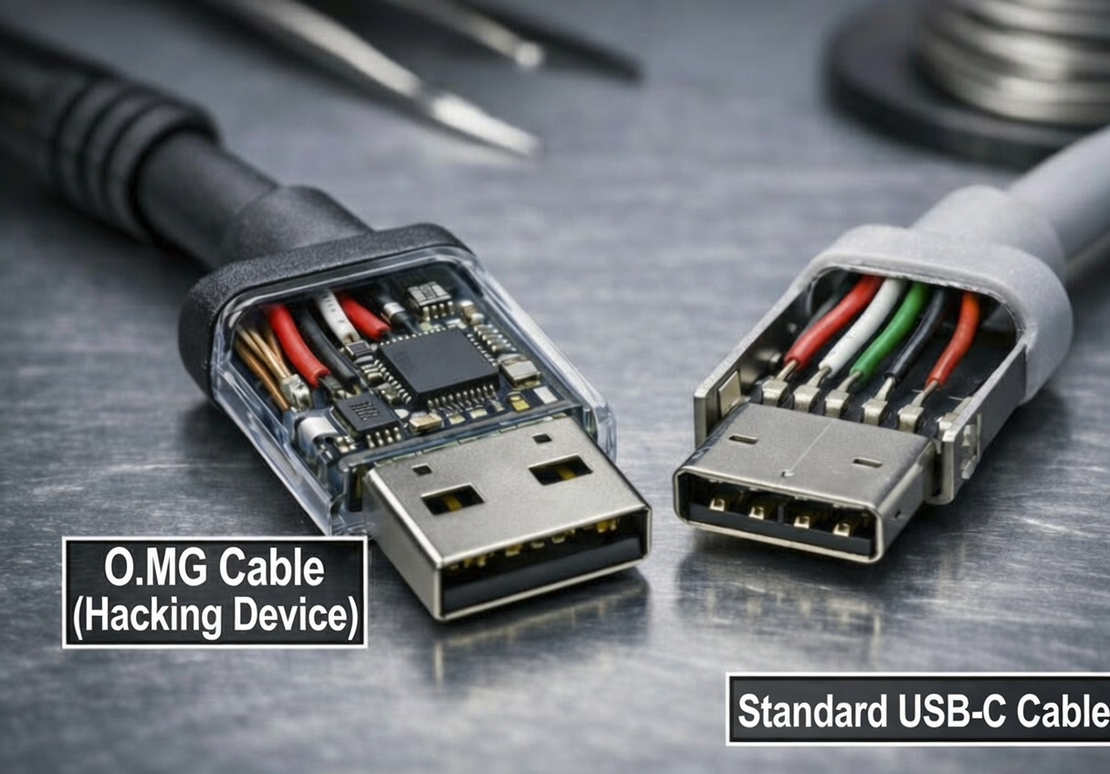 Inside O.MG Cable: embedded Wi-Fi-enabled circuit board in the USB connector (close-up)