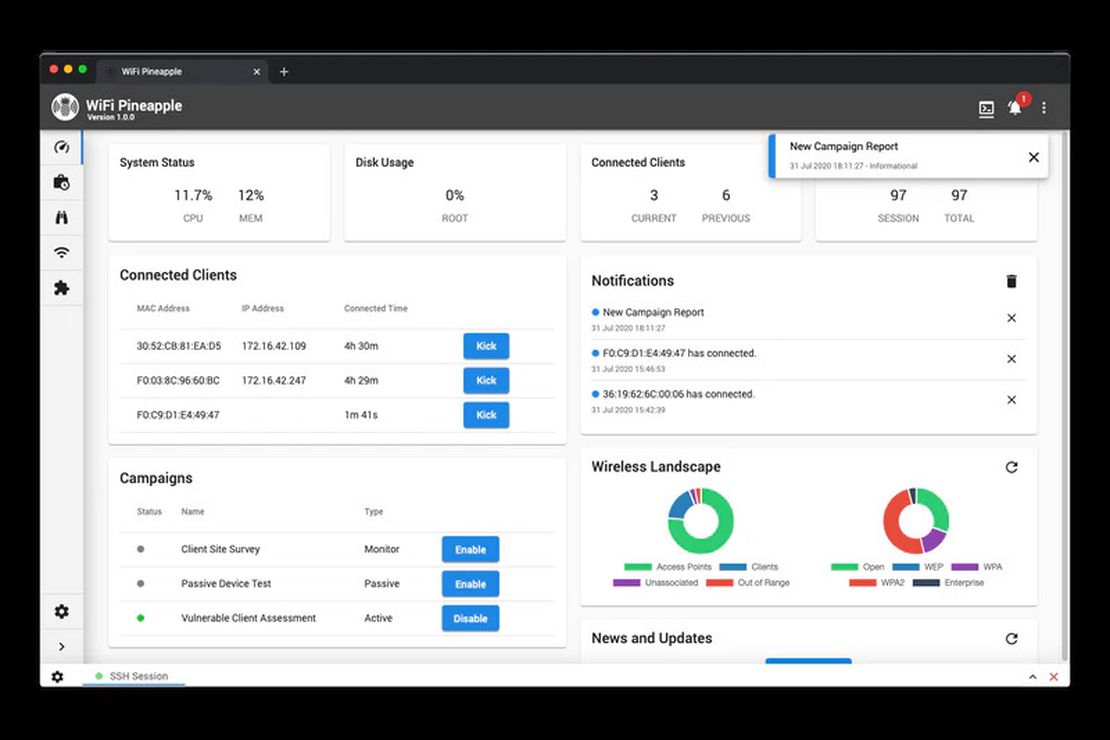 WiFi Pineapple PineAP dashboard showing nearby SSIDs and clients (software UI screenshot)