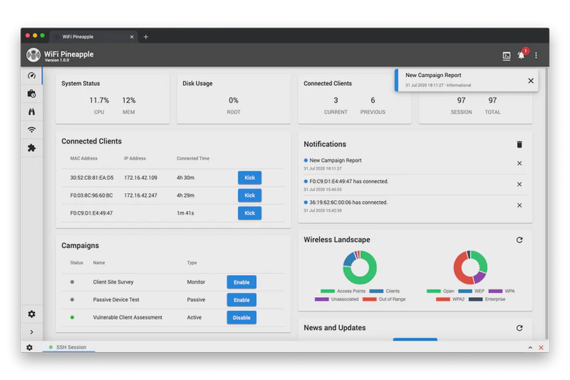 WiFi Pineapple PineAP dashboard showing nearby SSIDs and clients (software UI screenshot)