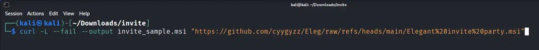 Terminal output showing curl fetching the MSI payload from the GitHub raw URL