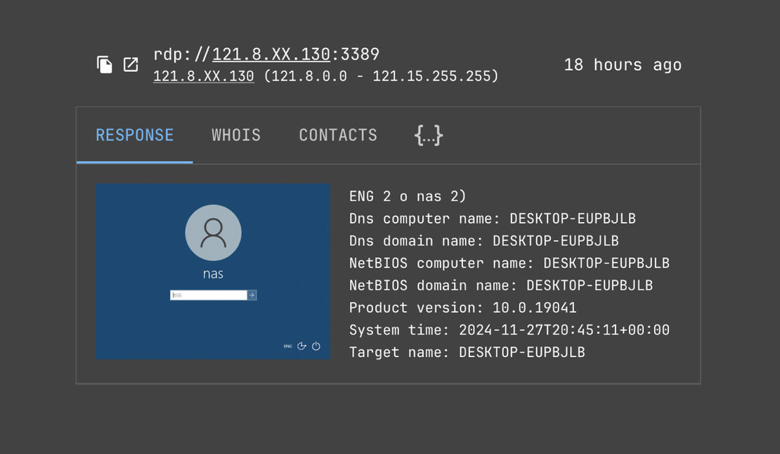 Netlas internet scan data - Example of RDP response