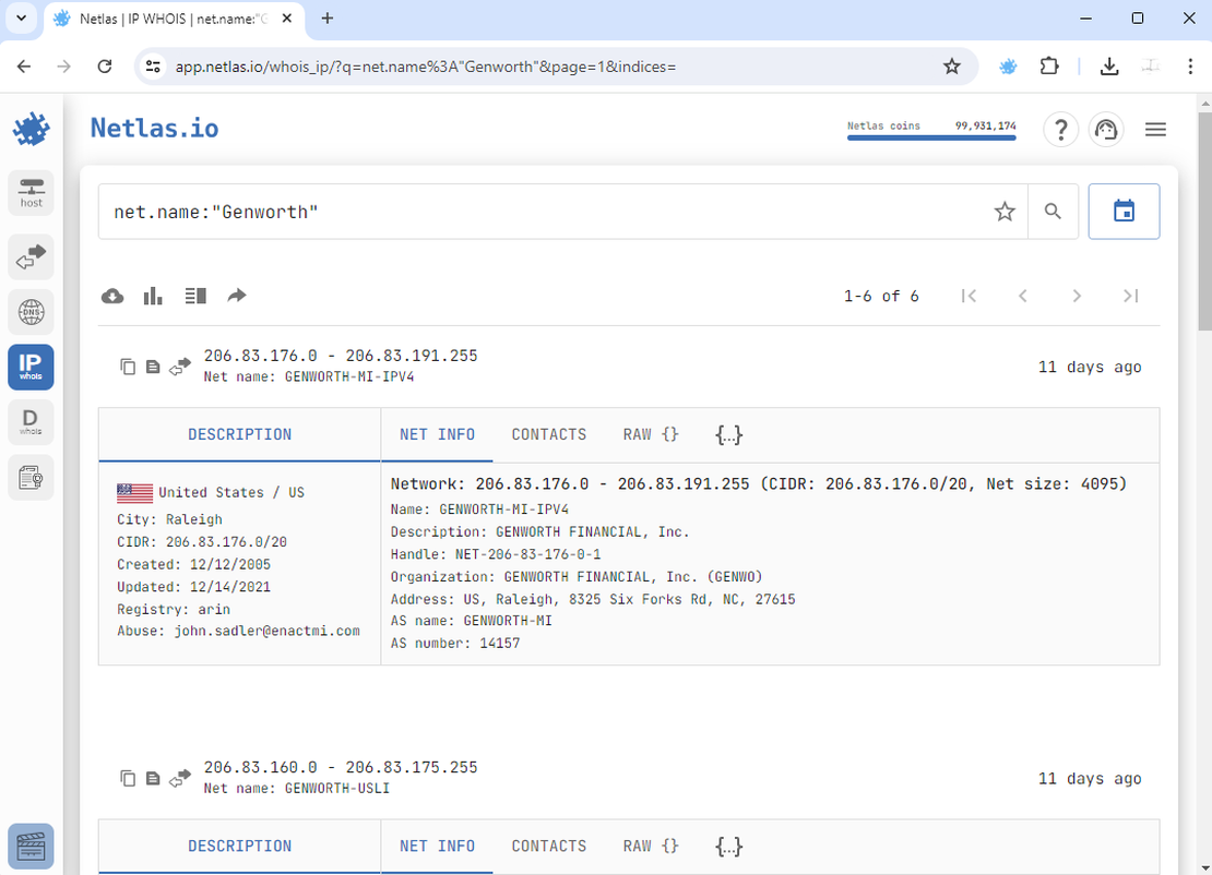 Netlas IP WHOIS tool search