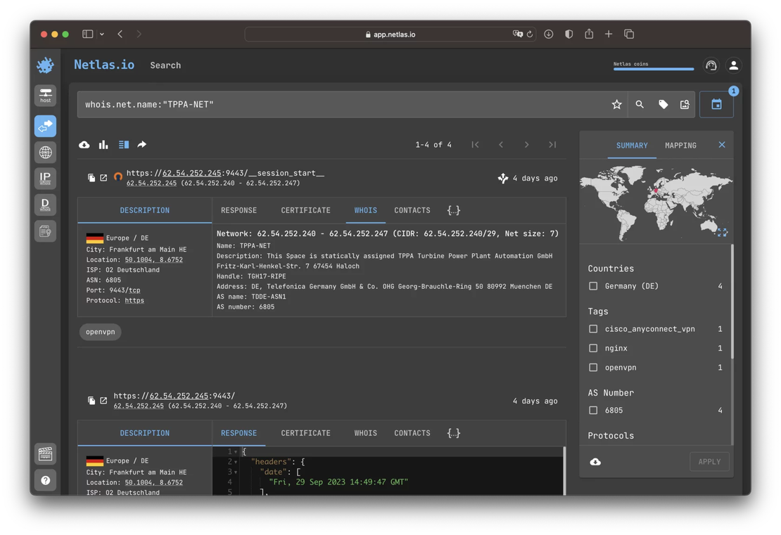Search for critical infrastructure by WHOIS net name