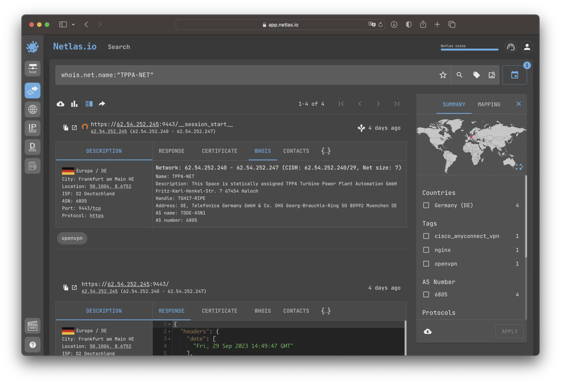 Search for critical infrastructure by WHOIS net name